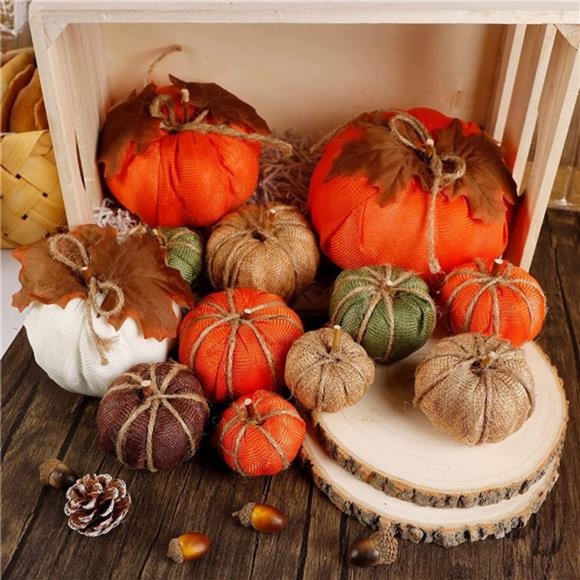 Set of 12 Thanksgiving Decor Artificial Pumpkins, Burlap Pumpkin with Leaves - Picture 6 of 6